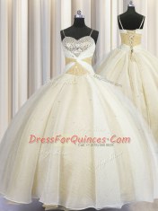 Organza Spaghetti Straps Sleeveless Lace Up Beading and Ruching Quinceanera Dresses in Champagne