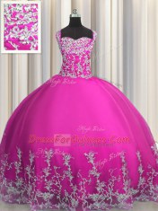 Trendy Fuchsia Tulle Lace Up 15th Birthday Dress Sleeveless Floor Length Beading and Appliques