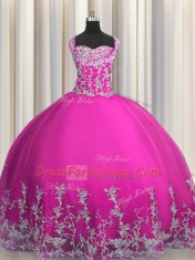 Trendy Fuchsia Tulle Lace Up 15th Birthday Dress Sleeveless Floor Length Beading and Appliques
