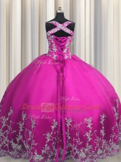 Trendy Fuchsia Tulle Lace Up 15th Birthday Dress Sleeveless Floor Length Beading and Appliques