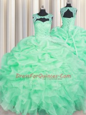 Charming Scoop Apple Green Ball Gowns Beading and Pick Ups 15th Birthday Dress Lace Up Organza Sleeveless Floor Length