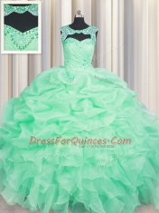 Charming Scoop Apple Green Ball Gowns Beading and Pick Ups 15th Birthday Dress Lace Up Organza Sleeveless Floor Length