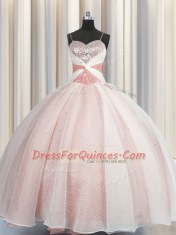 Pink Ball Gowns Organza Spaghetti Straps Sleeveless Beading Floor Length Lace Up Quinceanera Dresses