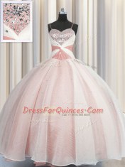 Pink Ball Gowns Organza Spaghetti Straps Sleeveless Beading Floor Length Lace Up Quinceanera Dresses