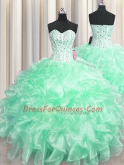 Vintage Visible Boning Apple Green Sleeveless Floor Length Beading and Ruffles Zipper Ball Gown Prom Dress
