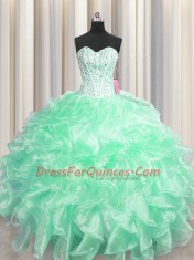 Vintage Visible Boning Apple Green Sleeveless Floor Length Beading and Ruffles Zipper Ball Gown Prom Dress