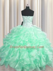 Vintage Visible Boning Apple Green Sleeveless Floor Length Beading and Ruffles Zipper Ball Gown Prom Dress