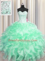 Vintage Visible Boning Apple Green Sleeveless Floor Length Beading and Ruffles Zipper Ball Gown Prom Dress