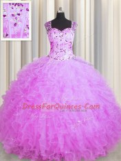 Flare See Through Zipper Up Lilac Organza Zipper Square Sleeveless Floor Length 15th Birthday Dress Beading and Ruffles