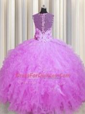 Flare See Through Zipper Up Lilac Organza Zipper Square Sleeveless Floor Length 15th Birthday Dress Beading and Ruffles