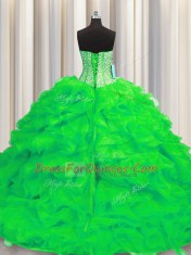 Pretty Visible Boning Sleeveless Beading and Ruffles Lace Up Ball Gown Prom Dress with Green Brush Train