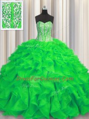 Pretty Visible Boning Sleeveless Beading and Ruffles Lace Up Ball Gown Prom Dress with Green Brush Train