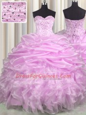 Sweetheart Sleeveless Organza 15 Quinceanera Dress Beading and Ruffles and Pick Ups Brush Train Lace Up