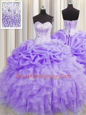 Cute Visible Boning Sweetheart Sleeveless Vestidos de Quinceanera Floor Length Beading and Ruffles and Pick Ups Lavender Organza