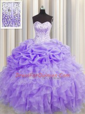Cute Visible Boning Sweetheart Sleeveless Vestidos de Quinceanera Floor Length Beading and Ruffles and Pick Ups Lavender Organza