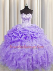 Cute Visible Boning Sweetheart Sleeveless Vestidos de Quinceanera Floor Length Beading and Ruffles and Pick Ups Lavender Organza