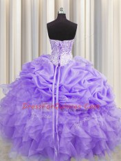 Cute Visible Boning Sweetheart Sleeveless Vestidos de Quinceanera Floor Length Beading and Ruffles and Pick Ups Lavender Organza