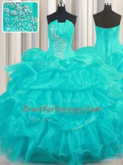 Pick Ups Ruffled Floor Length Aqua Blue Quince Ball Gowns Strapless Sleeveless Lace Up