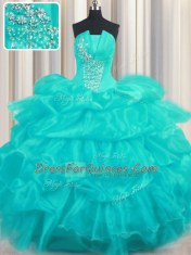 Pick Ups Ruffled Floor Length Aqua Blue Quince Ball Gowns Strapless Sleeveless Lace Up