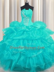 Pick Ups Ruffled Floor Length Aqua Blue Quince Ball Gowns Strapless Sleeveless Lace Up