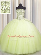Big Puffy Sleeveless Floor Length Beading and Sequins Lace Up 15th Birthday Dress with Light Yellow