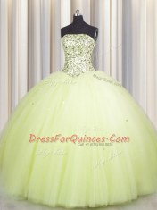 Big Puffy Sleeveless Floor Length Beading and Sequins Lace Up 15th Birthday Dress with Light Yellow