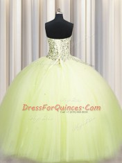 Big Puffy Sleeveless Floor Length Beading and Sequins Lace Up 15th Birthday Dress with Light Yellow