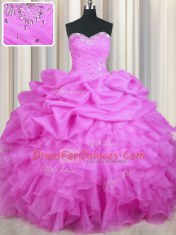 Lilac Ball Gowns Beading and Ruffles and Sequins and Ruching Ball Gown Prom Dress Lace Up Organza Sleeveless Floor Length