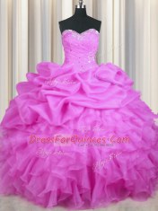 Lilac Ball Gowns Beading and Ruffles and Sequins and Ruching Ball Gown Prom Dress Lace Up Organza Sleeveless Floor Length