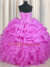 Lilac Ball Gowns Beading and Ruffles and Sequins and Ruching Ball Gown Prom Dress Lace Up Organza Sleeveless Floor Length