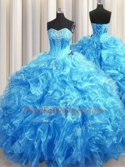 New Style Sweetheart Sleeveless Sweep Train Lace Up Sweet 16 Dresses Baby Blue Organza