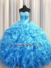 New Style Sweetheart Sleeveless Sweep Train Lace Up Sweet 16 Dresses Baby Blue Organza