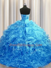 New Style Sweetheart Sleeveless Sweep Train Lace Up Sweet 16 Dresses Baby Blue Organza