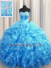 New Style Sweetheart Sleeveless Sweep Train Lace Up Sweet 16 Dresses Baby Blue Organza