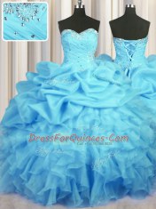 Floor Length Baby Blue Quinceanera Gowns Organza Sleeveless Beading and Ruffles and Ruching and Pick Ups