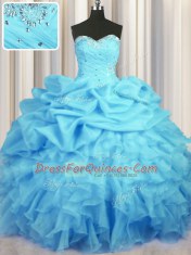 Floor Length Baby Blue Quinceanera Gowns Organza Sleeveless Beading and Ruffles and Ruching and Pick Ups