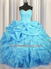 Floor Length Baby Blue Quinceanera Gowns Organza Sleeveless Beading and Ruffles and Ruching and Pick Ups