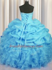 Floor Length Baby Blue Quinceanera Gowns Organza Sleeveless Beading and Ruffles and Ruching and Pick Ups