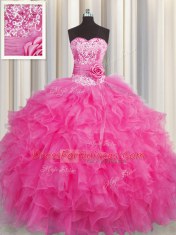 Handcrafted Flower Hot Pink Ball Gowns Organza Sweetheart Sleeveless Beading and Ruffles Floor Length Lace Up Quinceanera Gown