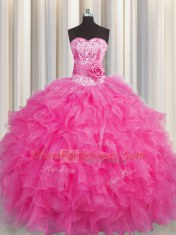 Handcrafted Flower Hot Pink Ball Gowns Organza Sweetheart Sleeveless Beading and Ruffles Floor Length Lace Up Quinceanera Gown