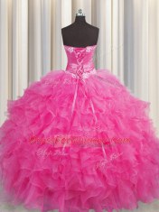 Handcrafted Flower Hot Pink Ball Gowns Organza Sweetheart Sleeveless Beading and Ruffles Floor Length Lace Up Quinceanera Gown