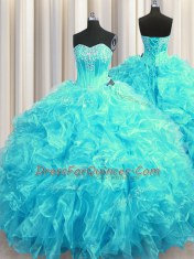 Aqua Blue 15 Quinceanera Dress Military Ball and Sweet 16 and Quinceanera and For with Beading and Ruffles Sweetheart Sleeveless Brush Train Lace Up