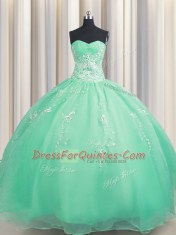 Superior Zipper Up Apple Green Organza Zipper Sweetheart Sleeveless Floor Length Sweet 16 Quinceanera Dress Beading and Appliques