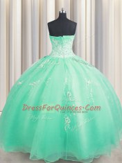Superior Zipper Up Apple Green Organza Zipper Sweetheart Sleeveless Floor Length Sweet 16 Quinceanera Dress Beading and Appliques