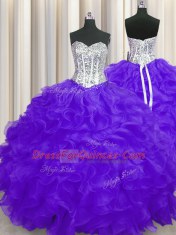 Floor Length Purple Quinceanera Gown Organza Sleeveless Beading and Ruffles