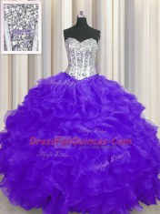 Floor Length Purple Quinceanera Gown Organza Sleeveless Beading and Ruffles