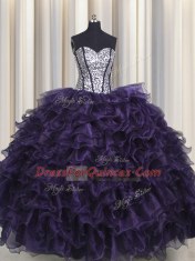 Visible Boning Purple Sleeveless Ruffles and Sequins Floor Length Quinceanera Gown