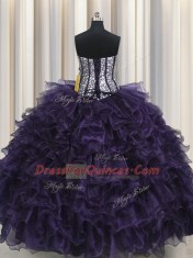 Visible Boning Purple Sleeveless Ruffles and Sequins Floor Length Quinceanera Gown