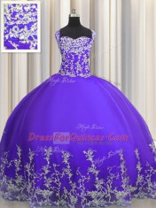 Sleeveless Tulle Floor Length Lace Up Ball Gown Prom Dress in Purple with Beading and Appliques