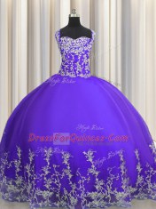 Sleeveless Tulle Floor Length Lace Up Ball Gown Prom Dress in Purple with Beading and Appliques